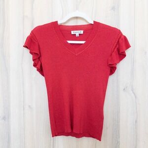 Nanette Lepore Womens Top Size S Red Ruffle Sleeve Ribbed Holiday Casual Chic